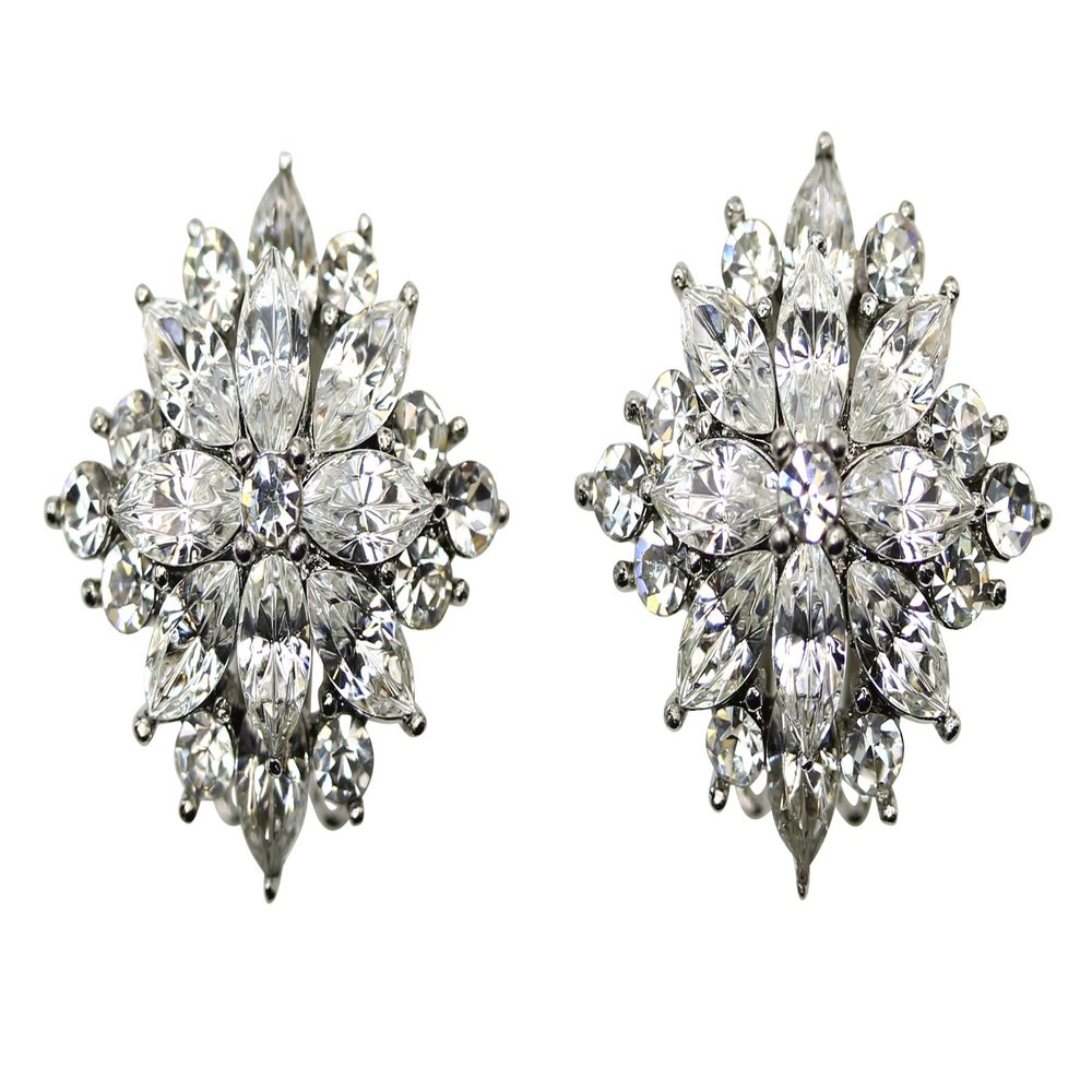 Faship Stunning Clear Crystal Floral Clip On Style Earrings Bridal Wedding Party - Clear