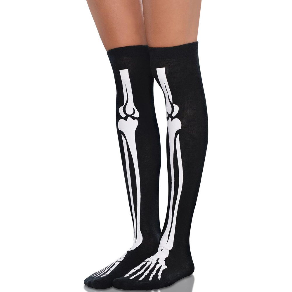 Premium Black Polyester Bones Over The Knee Socks (One Size) - Pack of 2 - Perfect for Standout Fashion Statement