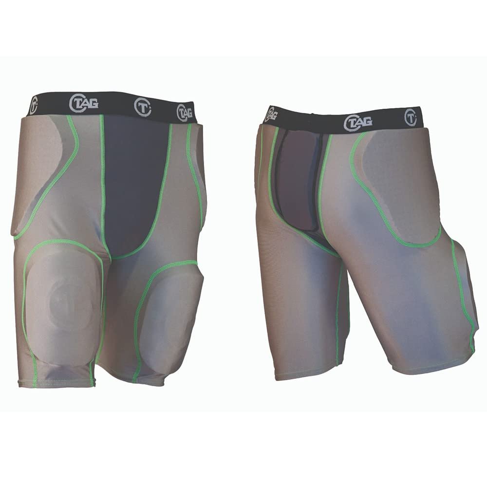 TAG Adult 5-Pad Integrated Girdle - Moisture-Wicking Compression Girdle for Football - Five Pockets - Sewn-in Hip, Tail, and Thigh Pads - Grey with Black Elastic Waistband - 2X-Large