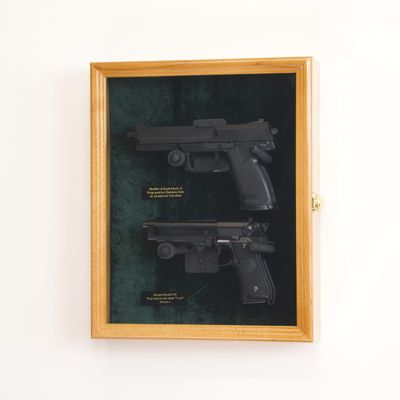 Large/Double 2 Pistol Handgun Revolver Gun Display Case Cabinet Rack Shadowbox (Oak Finish, Green Background)