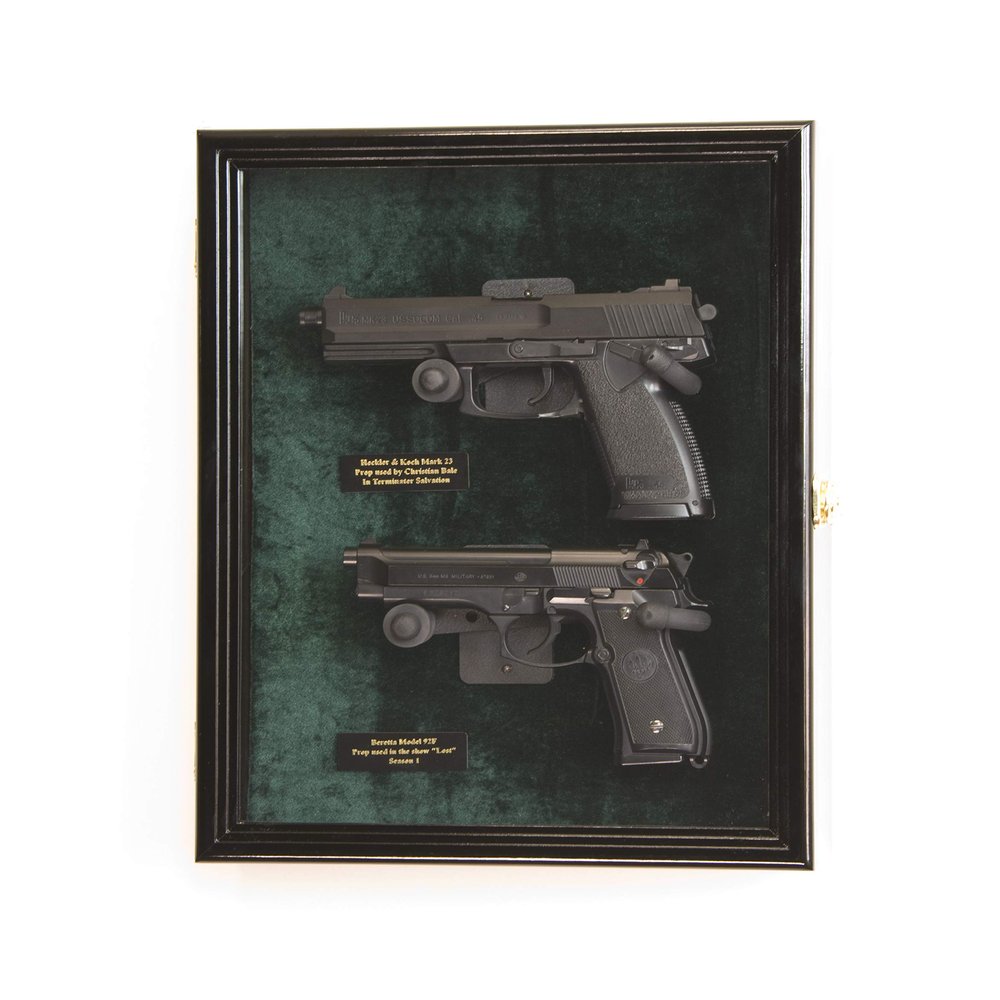 Large/Double 2 Pistol Handgun Revolver Gun Display Case Cabinet Rack Shadowbox (Black Finish, Green Background)