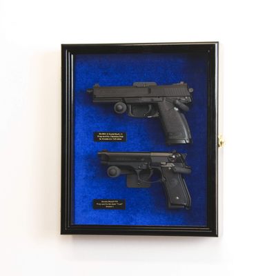 Large/Double 2 Pistol Handgun Revolver Gun Display Case Cabinet Rack Shadowbox (Black Finish, Blue Background)