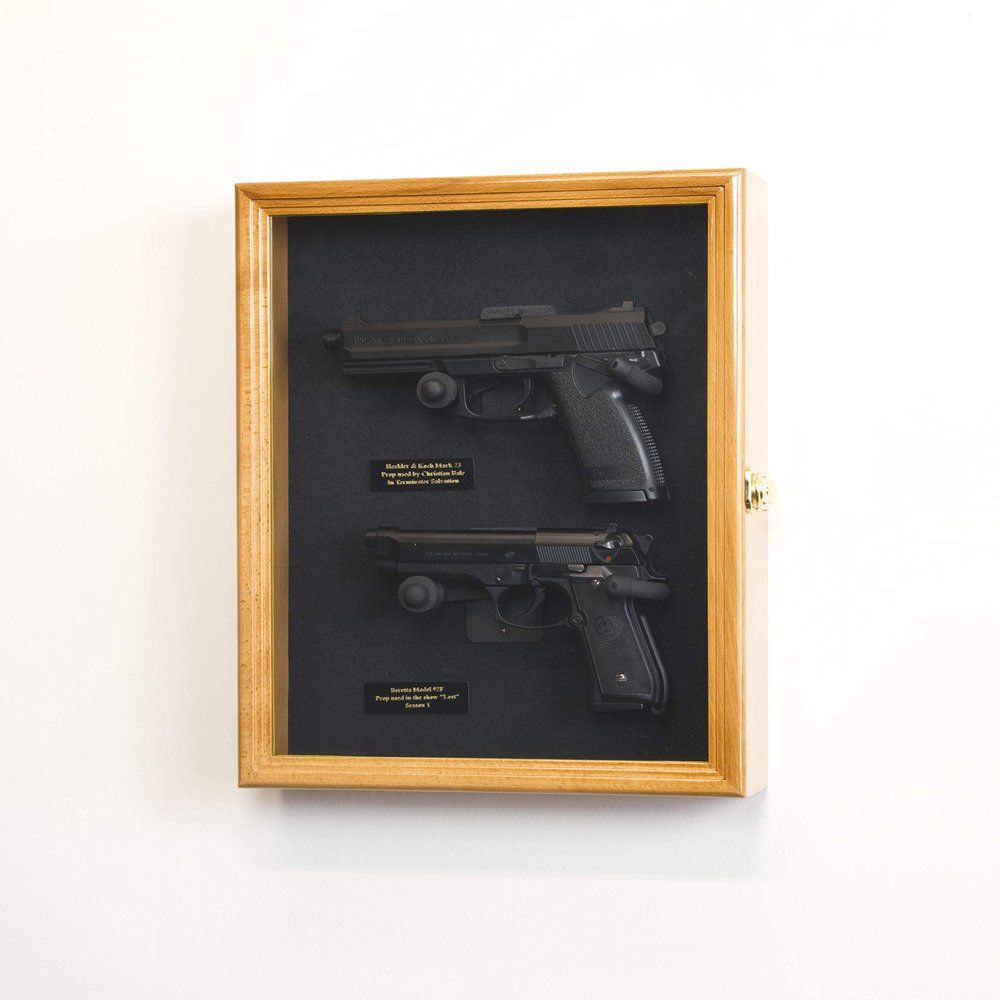 Large/Double 2 Pistol Handgun Revolver Gun Display Case Cabinet Rack Shadowbox (Oak Finish, Black Background)
