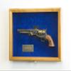 Large/Double 2 Pistol Handgun Revolver Gun Display Case Cabinet Rack Shadowbox (Oak Finish, Blue Background) view 3