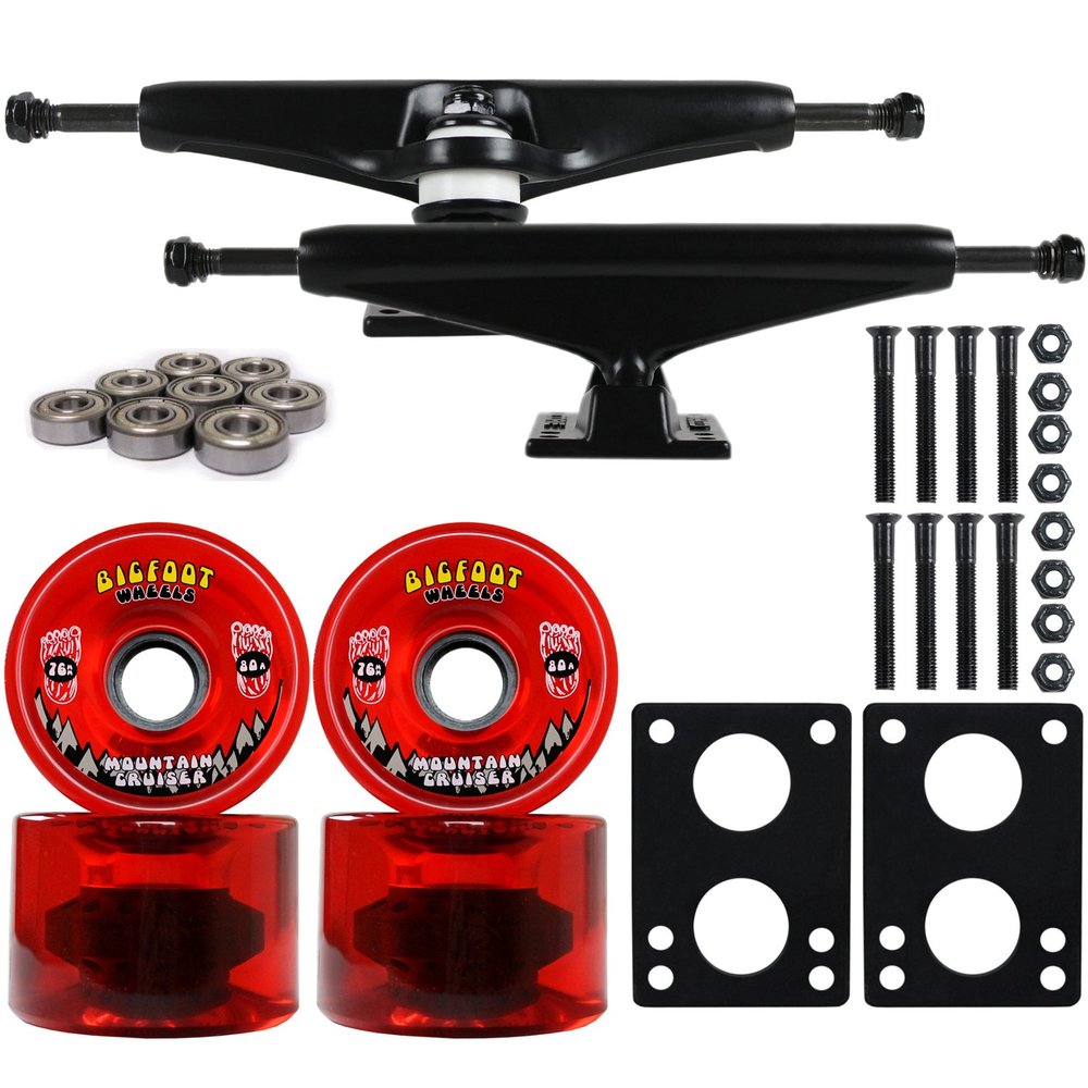 Longboard Skateboard Trucks Combo Set 76mm Bigfoot Cruisers Wheels with Black Trucks, Bearings, and Hardware Package (76mm Red Wheels, 6.0 (8.63") Black Trucks)