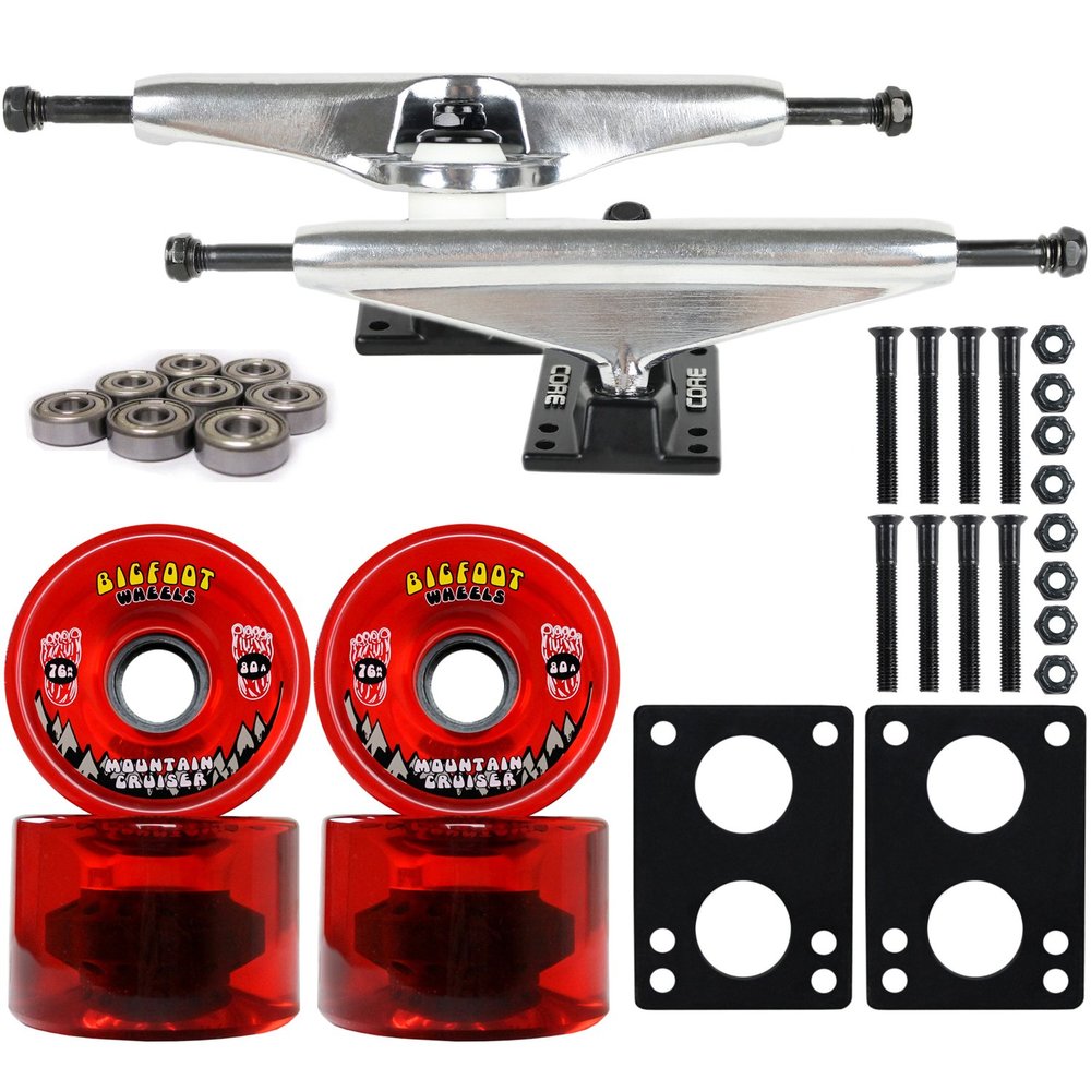 Longboard Skateboard Trucks Combo Set 76mm Bigfoot Cruisers Wheels with Silver Trucks, Bearings, and Hardware Package (76mm Red Wheels, 6.0 (8.63") Silver Trucks)