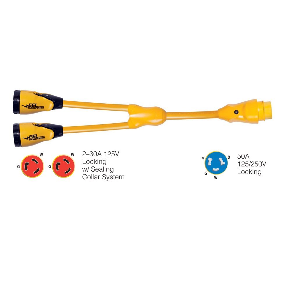 1 - Marinco Y504-2-30 EEL (2)-30A-125V Female to (1)50A-125/250V Male "Y" Adapter - Yellow