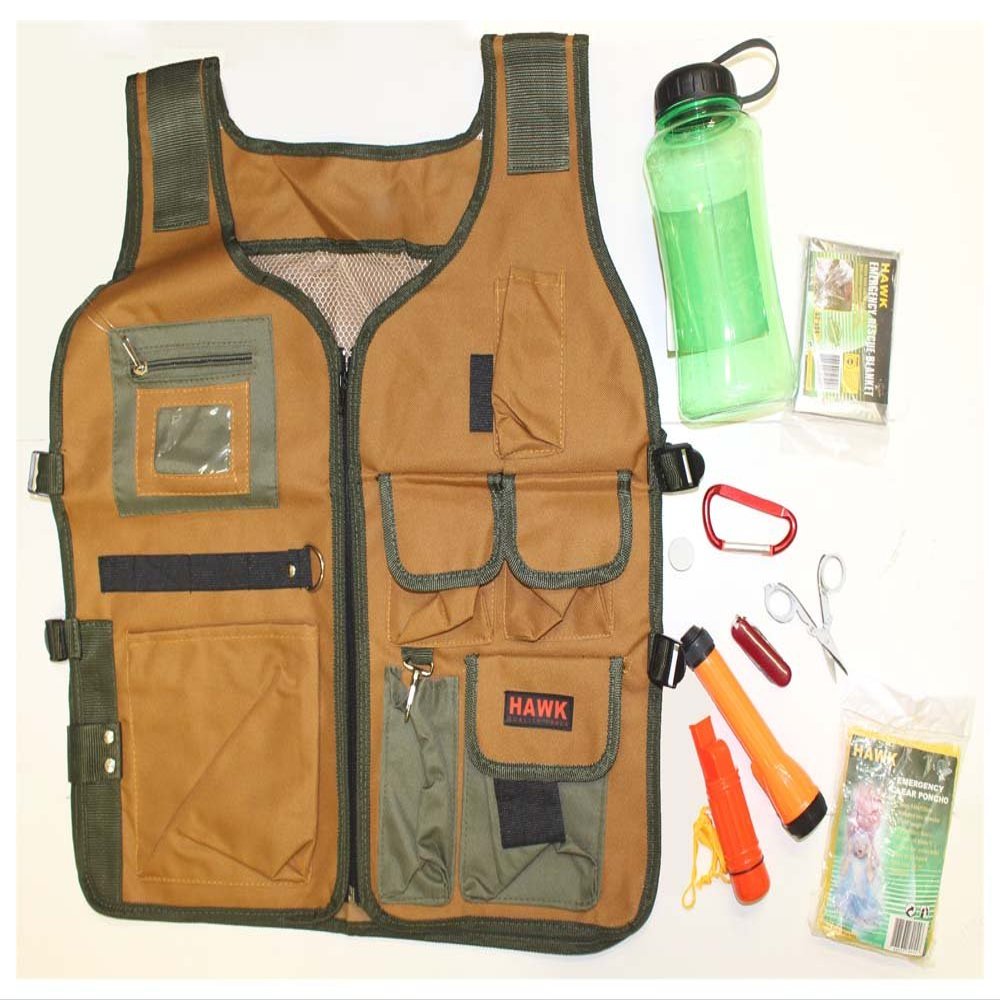 ADROIT Camping & Emergency Kit | Multi-Pocket Vest | Compass, Flashlight, Jackknife, 32 oz. Bottle | 52" x 84" (132.08 cm x 213.36 cm) Rescue Blanket | Ideal for Outdoors & Emergencies