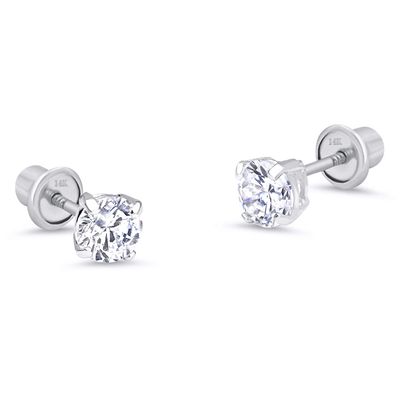 14k White Gold 4mm April Round Basket Cubic Zirconia Children Screwback Baby Girls Earrings