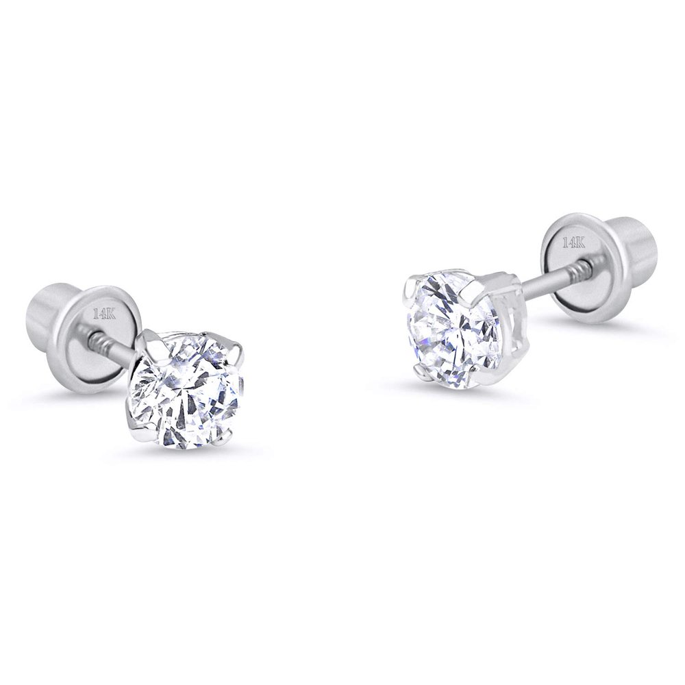 14k White Gold 4mm April Round Basket Cubic Zirconia Children Screwback Baby Girls Earrings