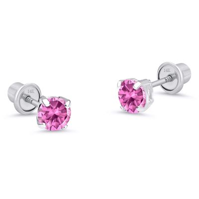 14k White Gold 4mm October Round Basket Cubic Zirconia Children Screwback Baby Girls Earrings
