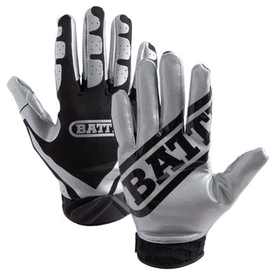 Battle Sports Ultra-Stick Wide Receiver Football Gloves - Adult & Youth Football Gloves - Youth Small, Silver/Black