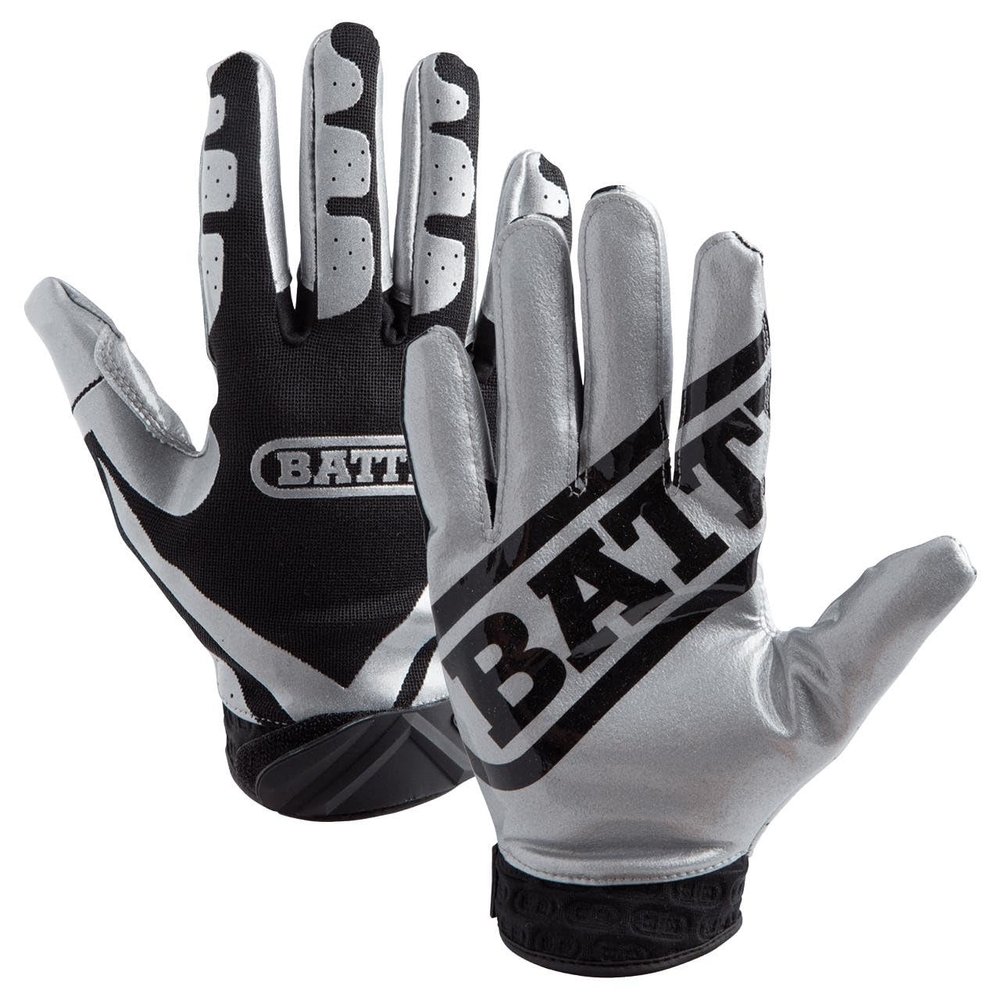 Battle Sports Ultra-Stick Wide Receiver Football Gloves - Adult & Youth Football Gloves - Youth Small, Silver/Black