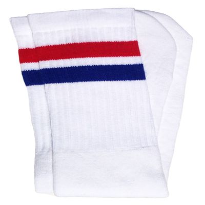 SKATERSOCKS 22" Knee high White tube socks with Red-Royal Blue stripes style 2