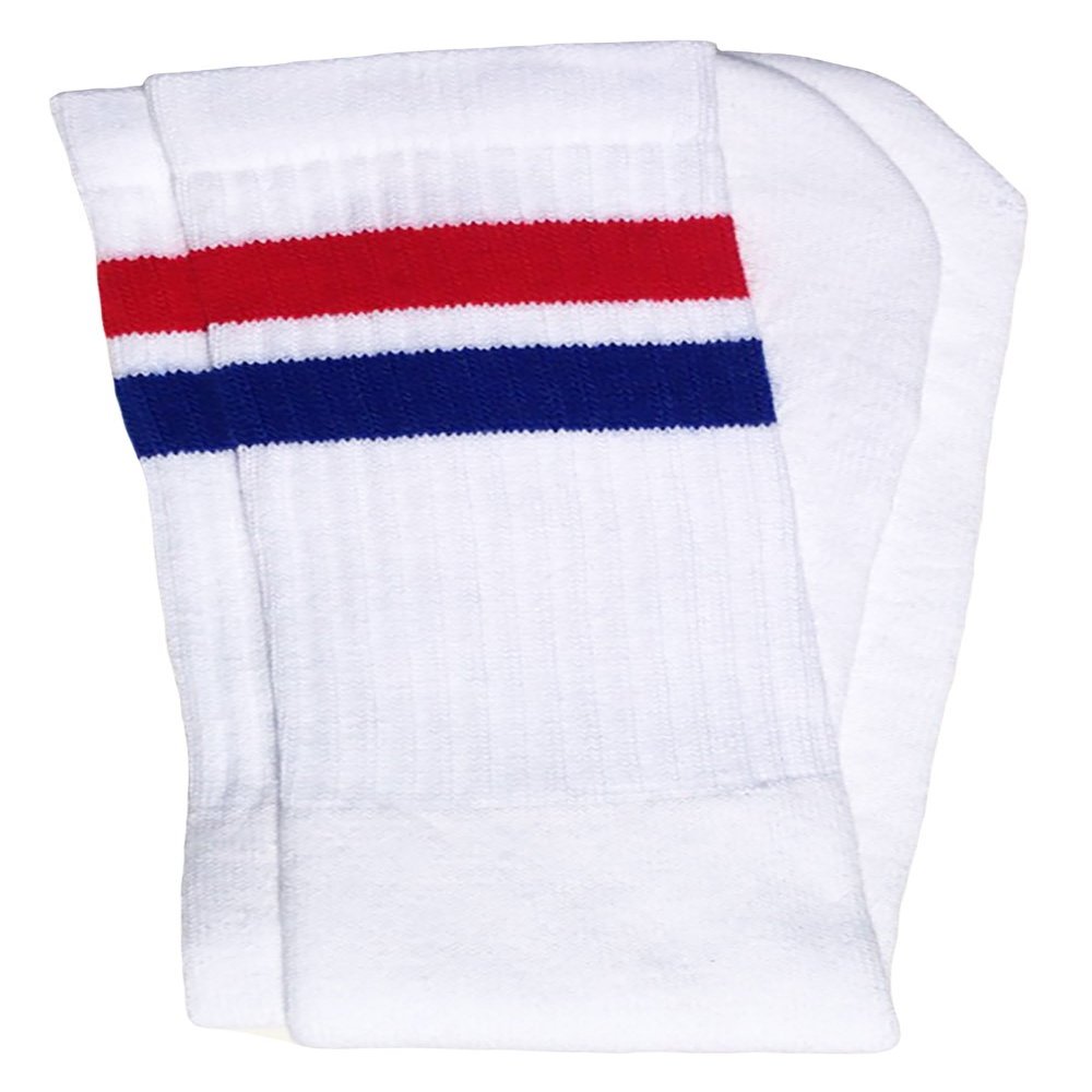 SKATERSOCKS 22" Knee high White tube socks with Red-Royal Blue stripes style 2