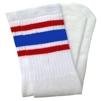 American-Made Mid-Calf White Tube Socks with Three Stripes | Red-Royal Blue | for Women, Men, and all Individuals
