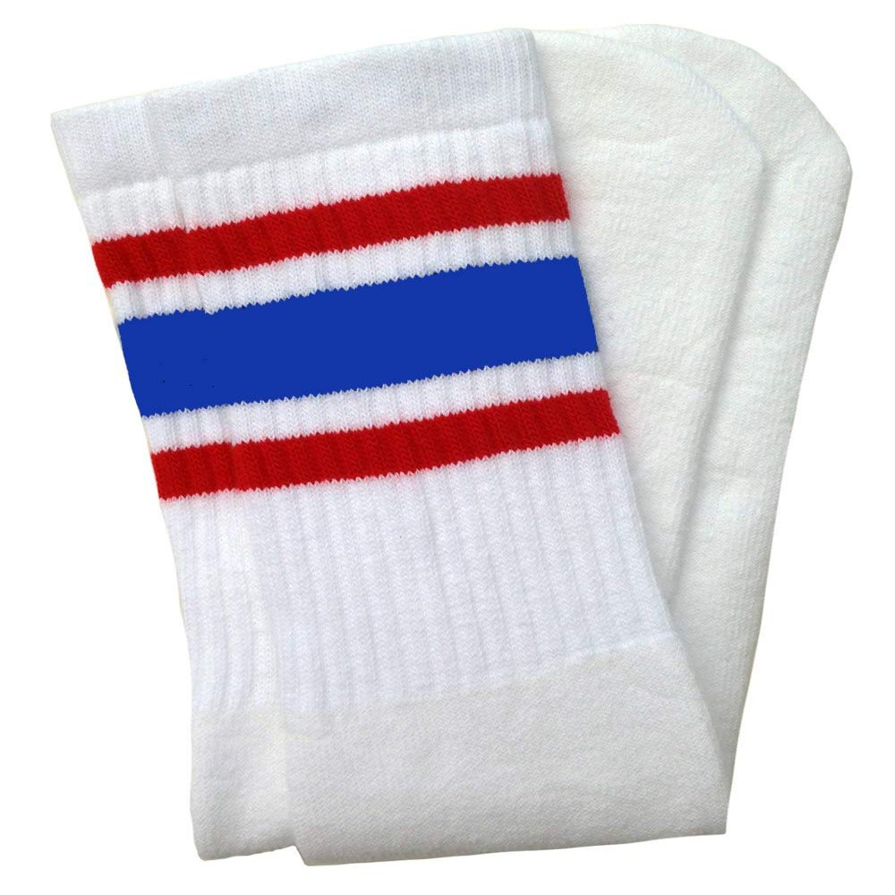 American-Made Mid-Calf White Tube Socks with Three Stripes | Red-Royal Blue | for Women, Men, and all Individuals