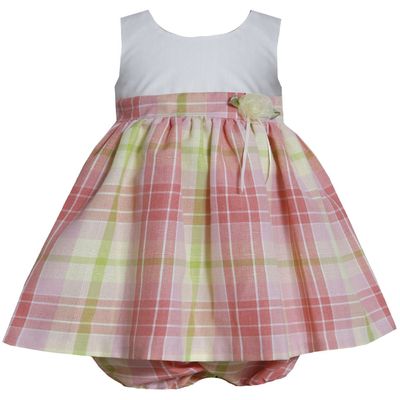 Bonnie Jean Baby-Infant 12M-24M Coral Ivory Multi Plaid Rosette Waist Linen Dress (18M, Coral)
