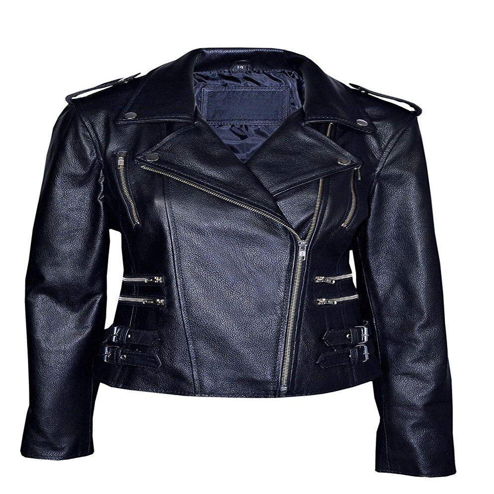 Mystique Ladies Black Washed Biker Motorcycle Designer Leather Jacket