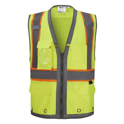 3C Products SV2700, ANSI/ISEA Class 2, Hi-Vis Neon Green/Yellow/Lime Surveyor Safety Vest, Solid Reflective Strips w/Orange Binding, 9 Pockets (Ipad Pocket)
