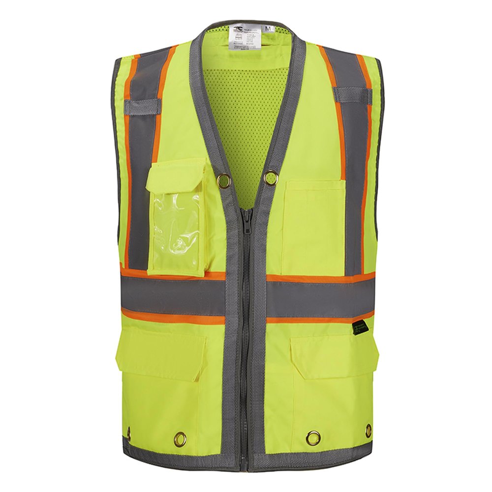 3C Products SV2700, ANSI/ISEA Class 2, Hi-Vis Neon Green/Yellow/Lime Surveyor Safety Vest, Solid Reflective Strips w/Orange Binding, 9 Pockets (Ipad Pocket)