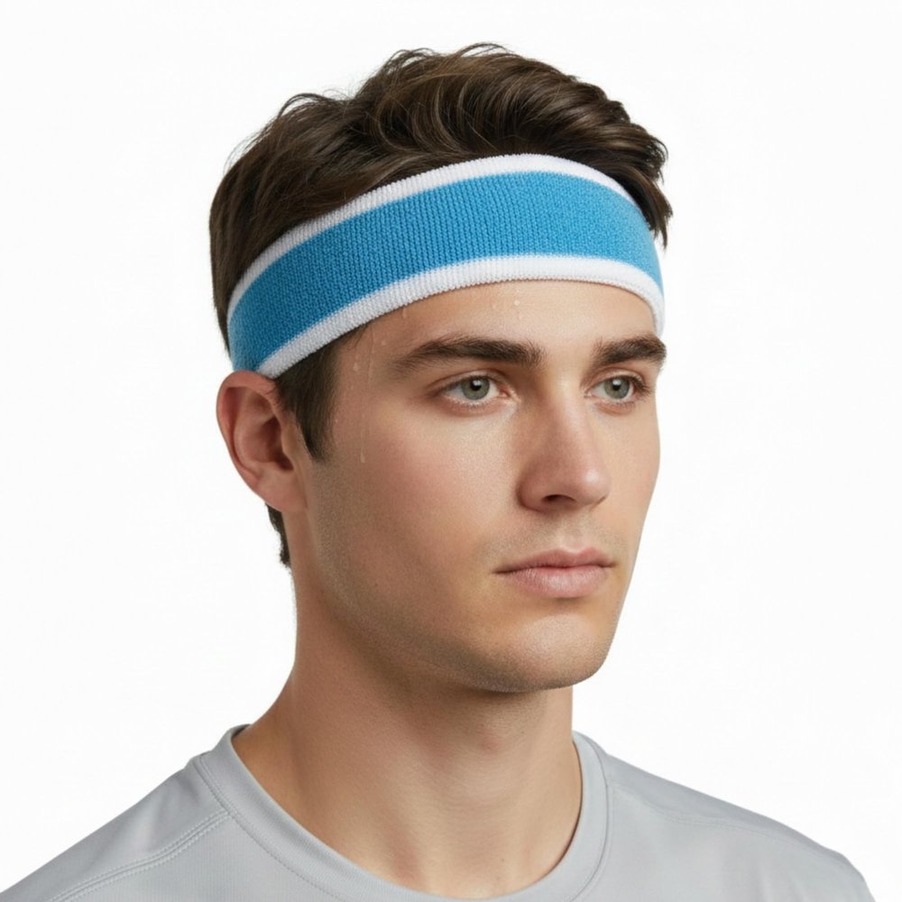 Couver Premium Quality 2 Color Thick Large Wide Headband pro Basketball - White/Sky Blue/White[1 Piece]