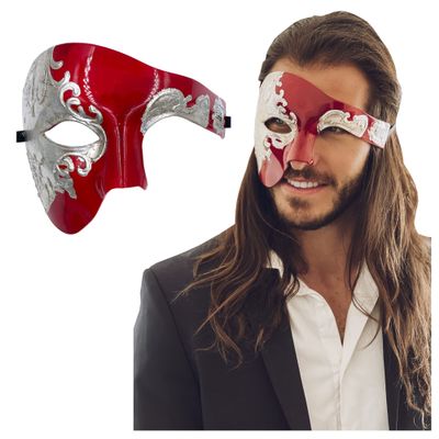 Half Face Masquerade Mask For Men Phantom Of The Opera Mask for Masquerade Party, Venetian Party, Mardi Gras, Halloween & Cosplay (Silver/Red)
