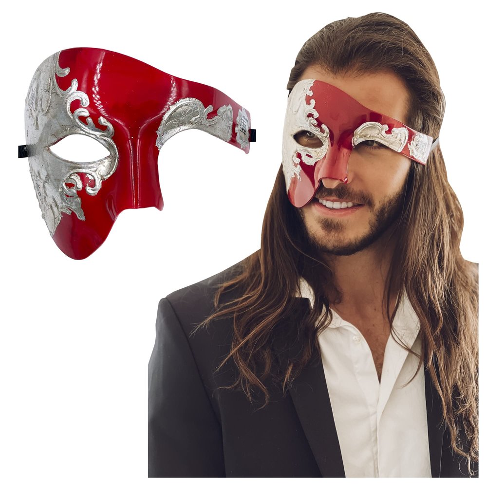 Half Face Masquerade Mask For Men Phantom Of The Opera Mask for Masquerade Party, Venetian Party, Mardi Gras, Halloween & Cosplay (Silver/Red)