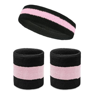 COUVER Sweatband Set Sports Headband Wristband Set Terry Cloth Moisture Wicking Sweat Absorbing Wrist Sweatbands Head Sweatband, Light Pink/Black