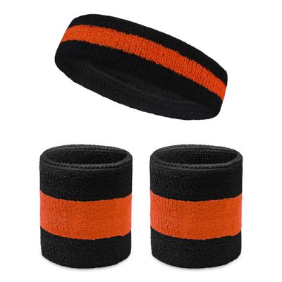 COUVER Sweatband Set Sports Headband Wristband Set Terry Cloth Moisture Wicking Sweat Absorbing Wrist Sweatbands Head Sweatband, Dark Orange/Black