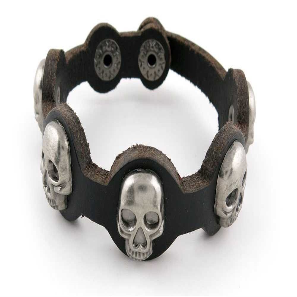 1 Piece Women's Men's Fashion Strand Bracelet 2086 Silver Skulls Leather Braided Adjustable