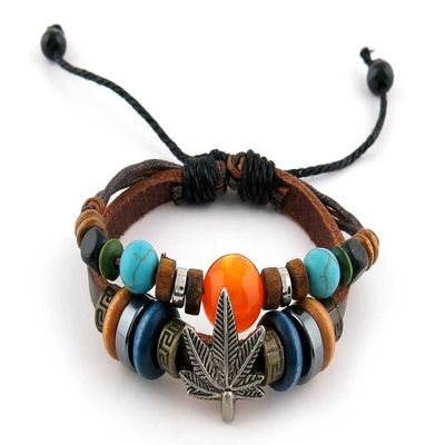 1 Piece Women's Men's Fashion Strand Bracelet 2123 Beads Maple Leaf Leather Braided Adjustable