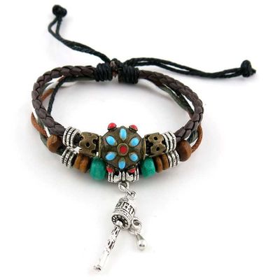 1 Piece Women's Men's Fashion Strand Bracelet 2125 Beads Tibet Symbols Leather Braided Adjustable