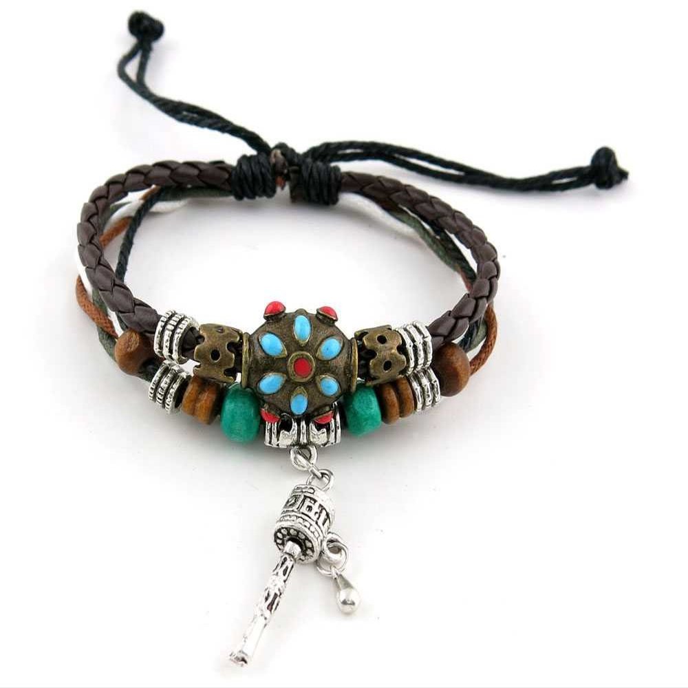 1 Piece Women's Men's Fashion Strand Bracelet 2125 Beads Tibet Symbols Leather Braided Adjustable