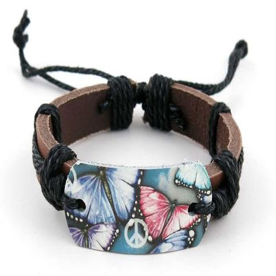 1 Piece Women's Men's Fashion Strand Bracelet 4023 Butterfly Peace Sign Leather Braided Adjustable