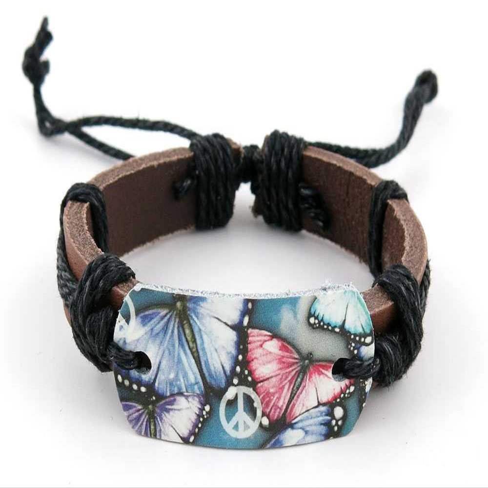 1 Piece Women's Men's Fashion Strand Bracelet 4023 Butterfly Peace Sign Leather Braided Adjustable