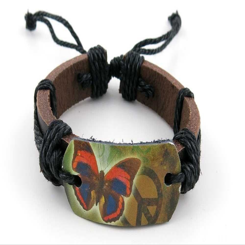 1 Piece Women's Men's Fashion Strand Bracelet 4029 Butterfly Peace Sign Leather Braided Adjustable