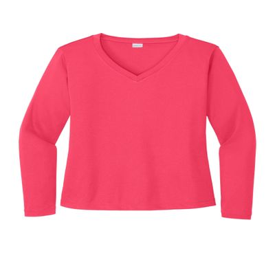 SPORT-TEK Women's Long Sleeve PosiCharge Competitor V-Neck Tee | Workout T-Shirt for Spring & Summer, Athletic Gym Clothing Hot Coral