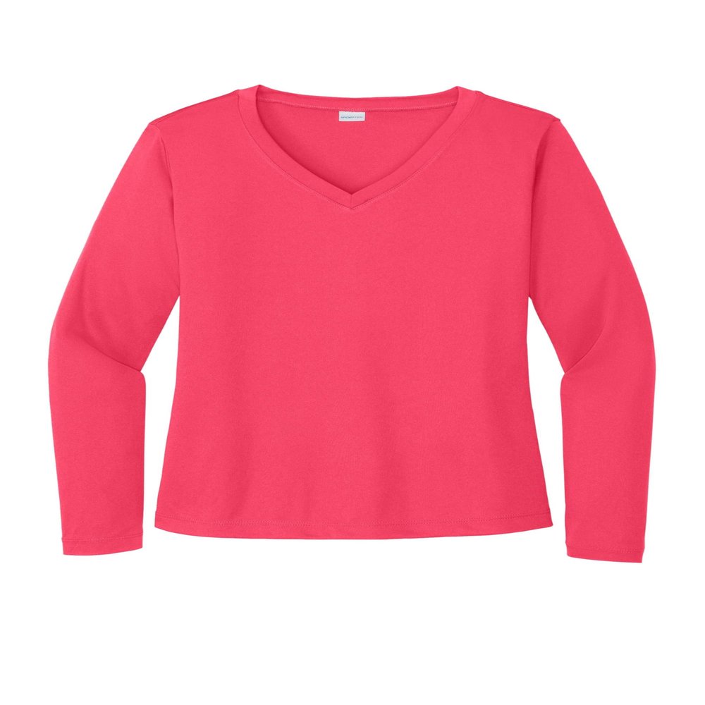 SPORT-TEK Women's Long Sleeve PosiCharge Competitor V-Neck Tee | Workout T-Shirt for Spring & Summer, Athletic Gym Clothing Hot Coral