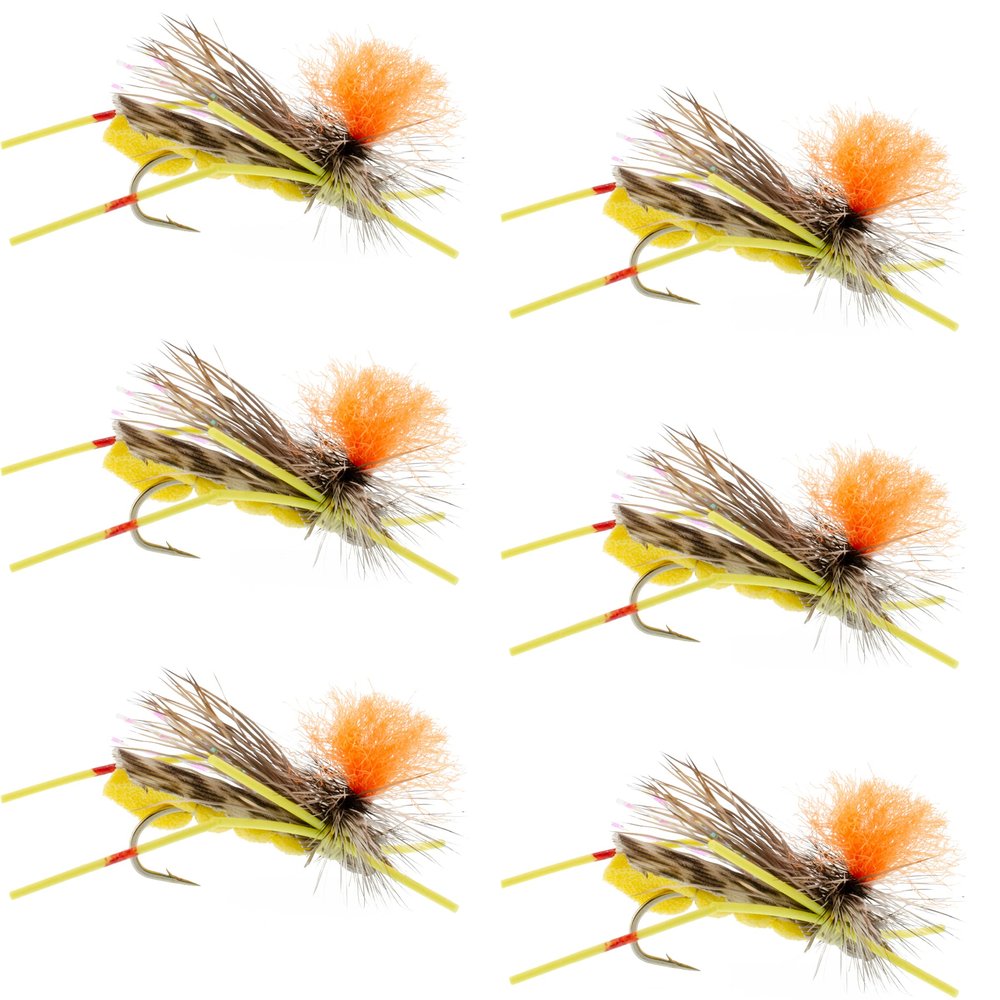 The Fly Fishing Place Feth Hopper Yellow Foam Body High Visibility Grasshopper Dry Fly - 6 Flies - Hook Size 10