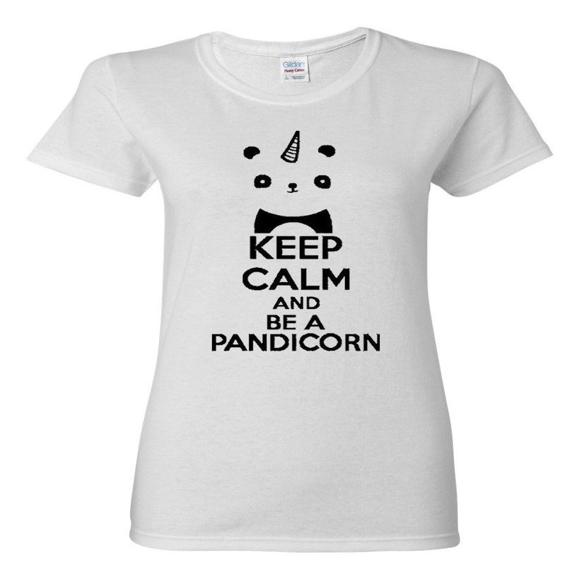 City Shirts Ladies Keep Calm and Be A Pandicorn T-Shirt Tee (Large, White w/Black)