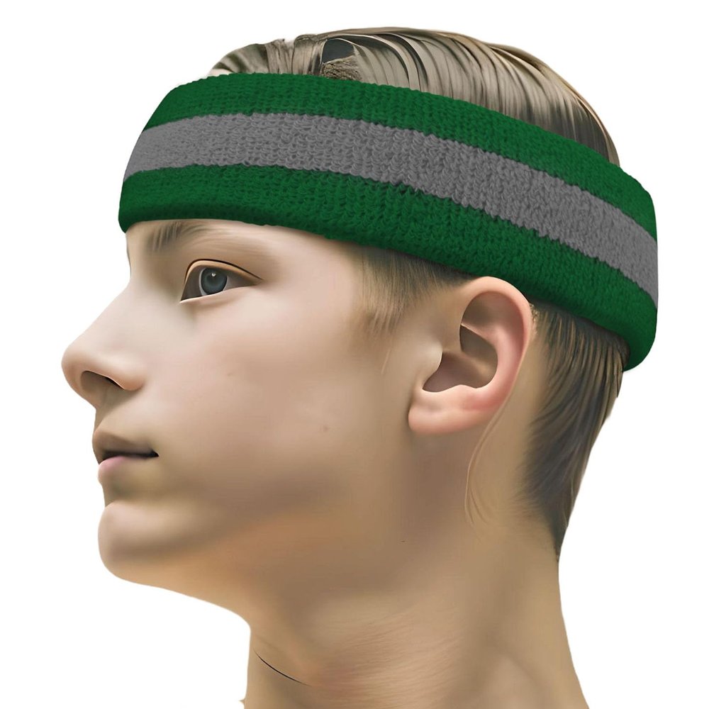 COUVER 2 Color Stripe Terry Sports Headband, 1 Piece, Steel Blue/Green