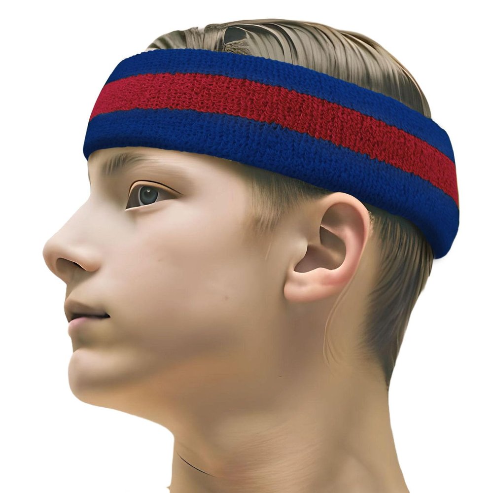 COUVER 2 Color Stripe Terry Sports Headband, 1 Piece, Red/Blue