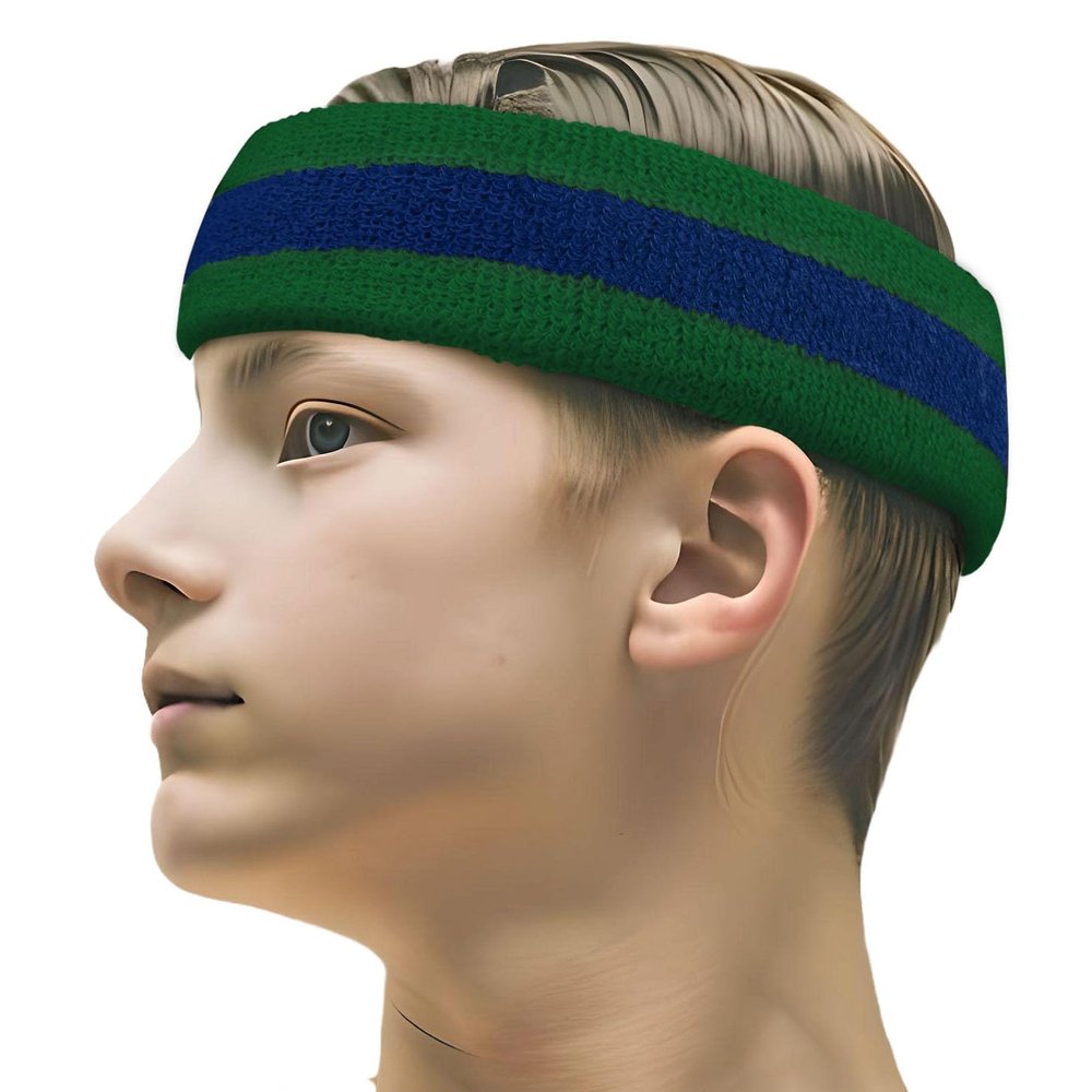 COUVER 2 Color Stripe Terry Sports Headband, 1 Piece, Blue/Green