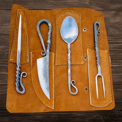 Hand Forged Black Silverware Set with Leather Cover- Medieval 4 Pcs Kitchen Utensils Set, Viking Cutlery Set Knife Spoons and Forks Set- Dinnerware Sets, Kitchen Utensils and Flatware Set