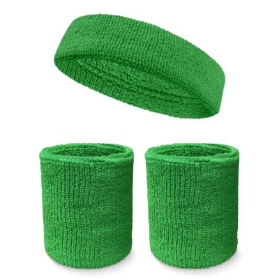 Couver Unisex Cotton Solid/Plain Sweatband Set(Headband x 1+ 4" Wristband x 2) for Sports - Bright Green