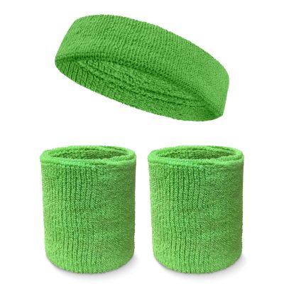 Couver Unisex Cotton Solid/Plain Sweatband Set(Headband x 1+ 4" Wristband x 2) for Sports - Bright Lime Green