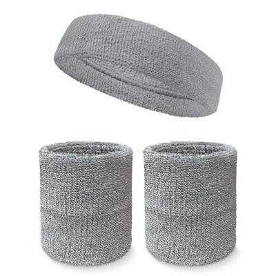 Couver Unisex Cotton Solid/Plain Sweatband Set(Headband x 1+ 4" Wristband x 2) for Sports - Light Gray