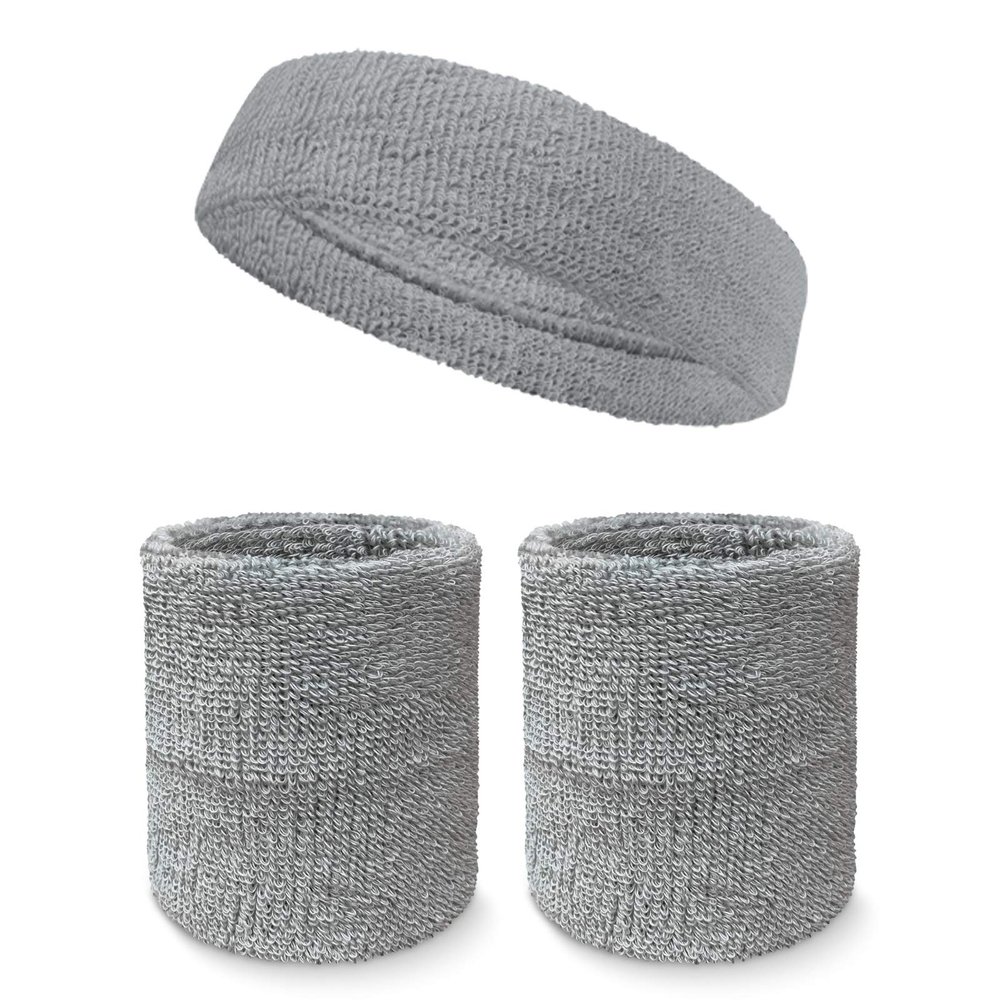 Couver Unisex Cotton Solid/Plain Sweatband Set(Headband x 1+ 4" Wristband x 2) for Sports - Light Gray