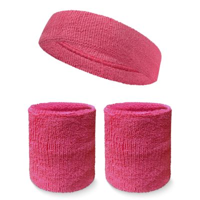 Couver Unisex Cotton Solid/Plain Sweatband Set(Headband x 1+ 4" Wristband x 2) for Sports - Bright Pink